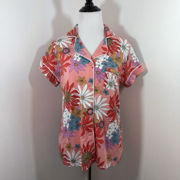 The Cats Pajamas M Floral Here Comes The Sun Button Down PJ Sleep Top Shirt - Picture 2 of 10